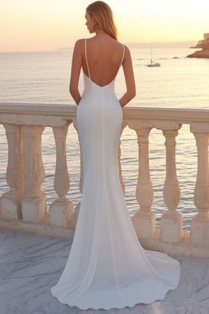 White Satin Mermaid Round Neck Ruched Boho Wedding Dress