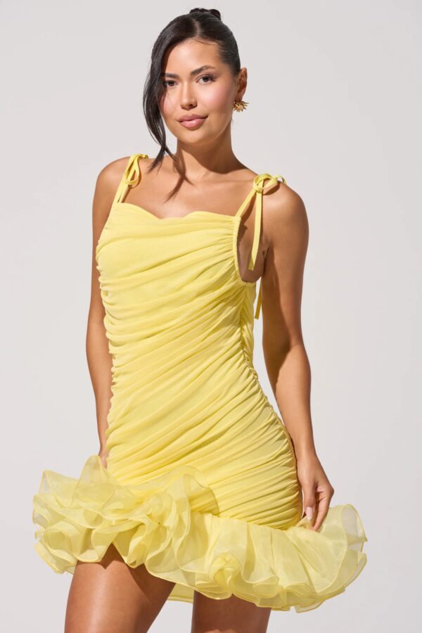 Women's Ruched Ruffle Hem Mini Dress – Yellow